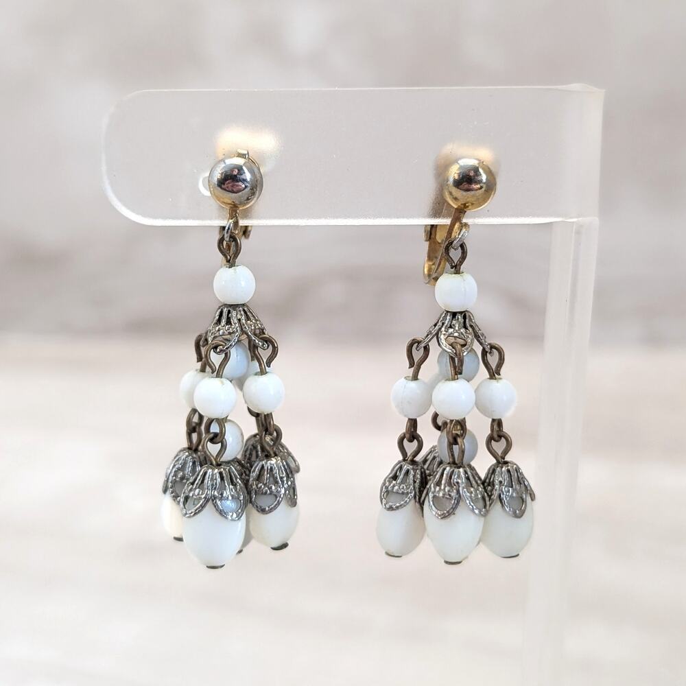 Vintage Clip On Earrings Large White Dangle Drop Earrings - Fair Condition